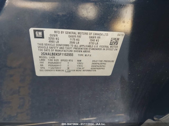 Chevrolet EQUINOX 1LT 2015 2GNALBEK5F1162955 Image 9