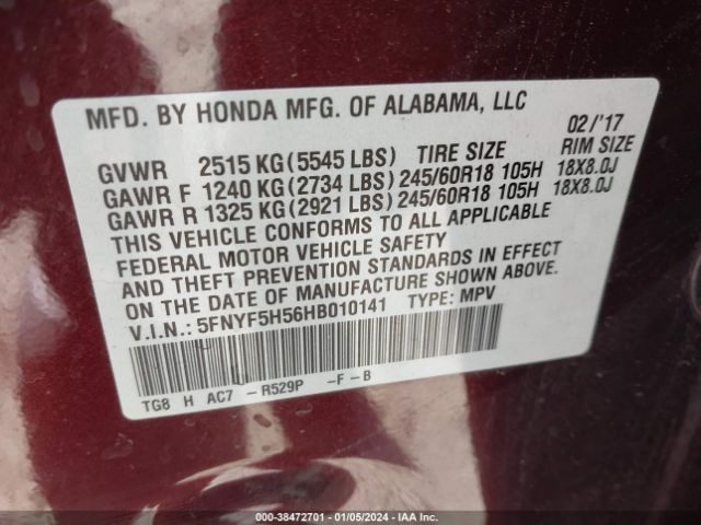 5FNYF5H56HB010141 Honda Pilot Ex-l
