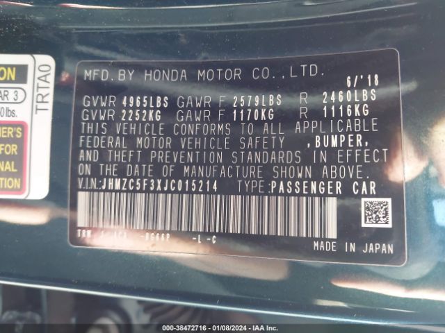 JHMZC5F3XJC015214 Honda Clarity Plug-in Hybrid Touring