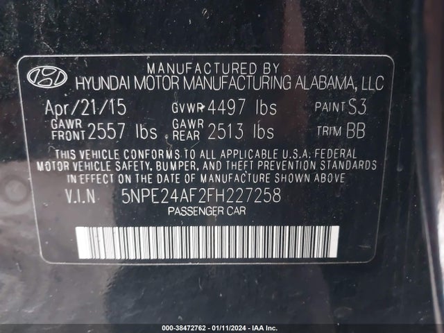 2015 HYUNDAI SONATA SE VIN: 5NPE24AF2FH227258