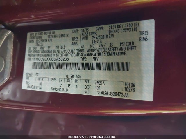 1FMCU9JXXGUA53238 Ford Escape Titanium