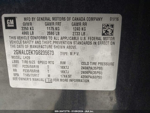 Chevrolet EQUINOX LT 2016 2GNALCEK7G6235673 Image 9