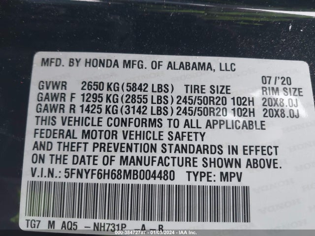 Honda Pilot Awd Touring 7 Passenger 2021 5FNYF6H68MB004480 Image 9