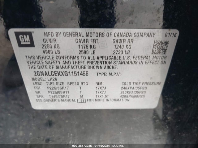 2016 CHEVROLET EQUINOX LT VIN: 2GNALCEKXG1151456