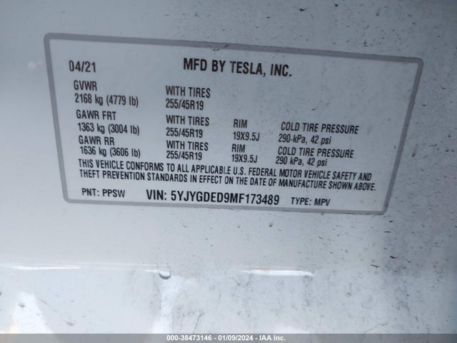 2021 TESLA MODEL Y STANDARD RANGE REAR-WHEEL DRIVE VIN: 5YJYGDED9MF173489