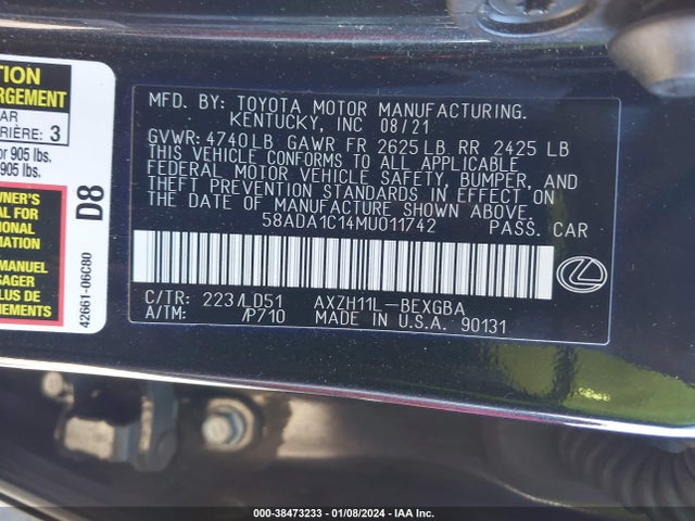 2021 LEXUS ES 300H VIN: 58ADA1C14MU011742