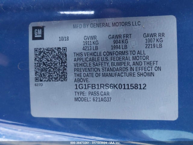 Chevrolet Camaro 1lt 2019 1G1FB1RS6K0115812 Image 9