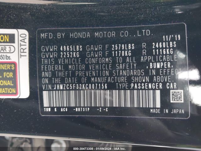 JHMZC5F32KC007156 Honda Clarity Plug-in Hybrid Touring