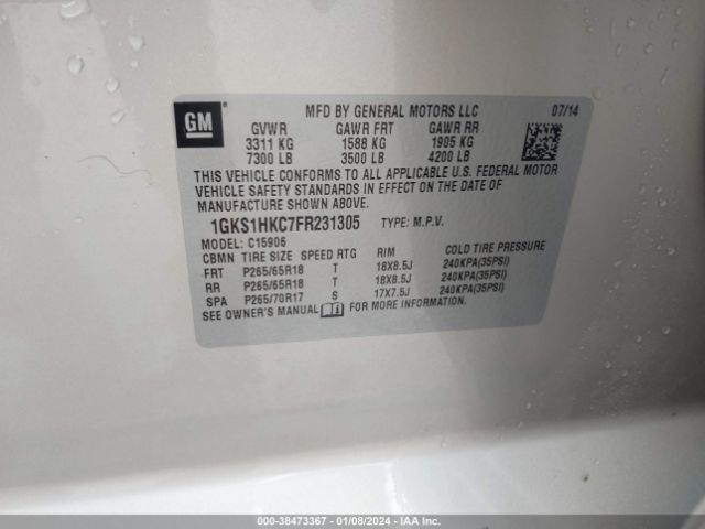 1GKS1HKC7FR231305 GMC Yukon Xl 1500 Slt