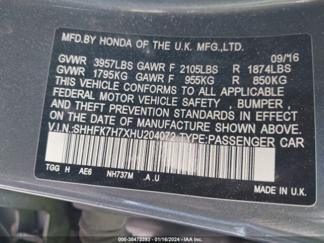 SHHFK7H7XHU204072 Honda Civic Ex-l