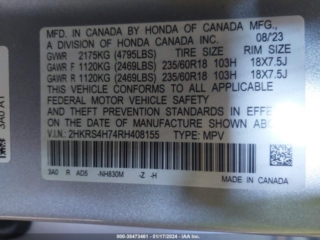 Honda Cr-v Ex-l Awd 2024 2HKRS4H74RH408155 Image 9