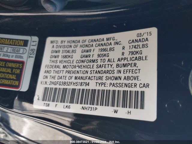 Honda Civic Lx 2015 2HGFG3B52FH518794 Image 9