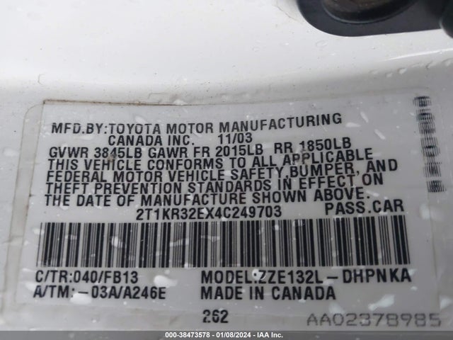 2004 TOYOTA MATRIX/XR VIN: 2T1KR32EX4C249703