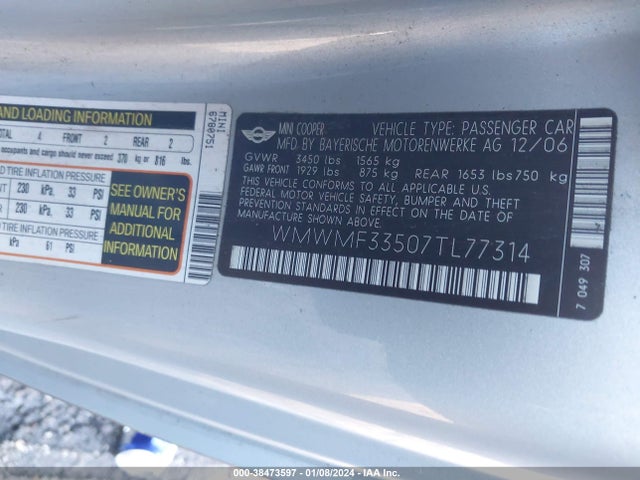 2007 MINI COOPER WMWMF33507TL77314 Photo 8
