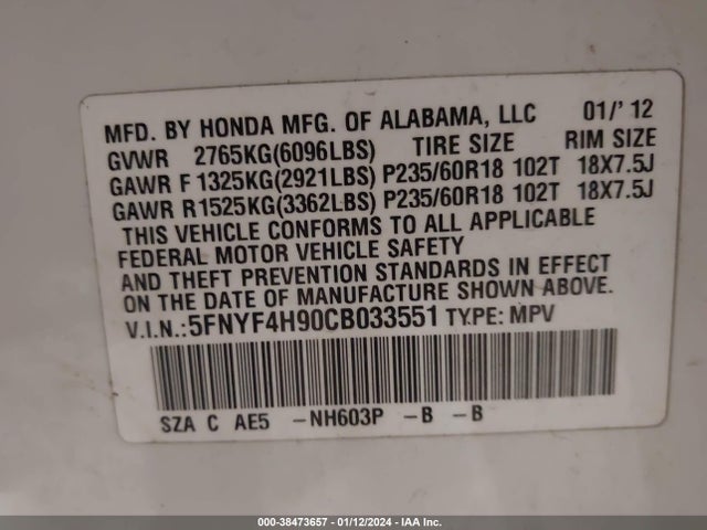 2012 HONDA PILOT TOURING VIN: 5FNYF4H90CB033551