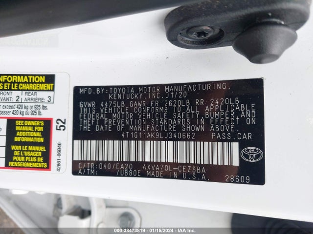 2020 TOYOTA CAMRY SE VIN: 4T1G11AK9LU340662