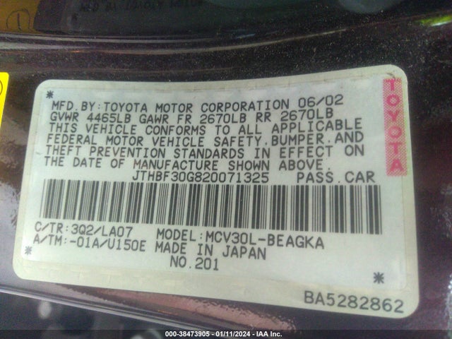 2002 LEXUS ES 300 BASE (A4) VIN: JTHBF30G820071325