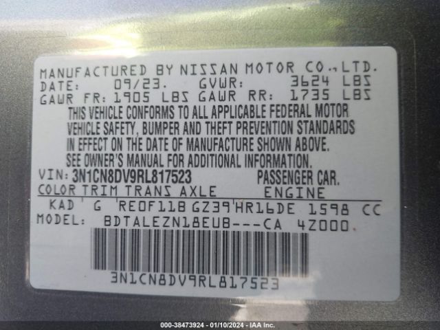 3N1CN8DV9RL817523 Nissan Versa 1.6 S