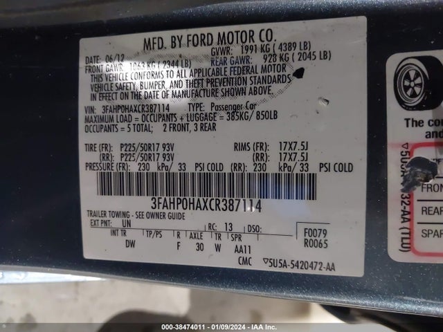 2012 FORD FUSION SE VIN: 3FAHP0HAXCR387114