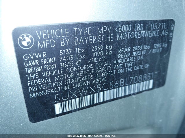 2011 BMW X3 XDRIVE28I VIN: 5UXWX5C56BL708831