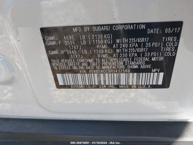 Subaru Outback 2.5i Premium 2017 4S4BSACC5H3417568 Image 9