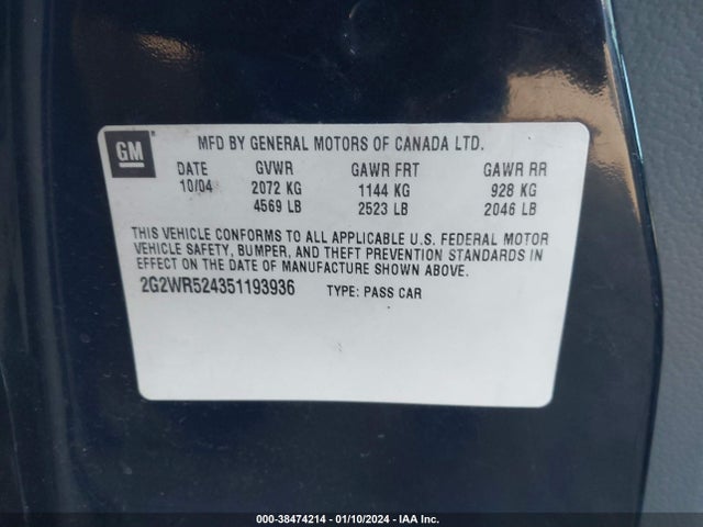 2005 PONTIAC GRAND PRIX GTP VIN: 2G2WR524351193936