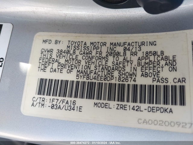 2013 TOYOTA COROLLA L VIN: 5YFBU4EE0DP182674