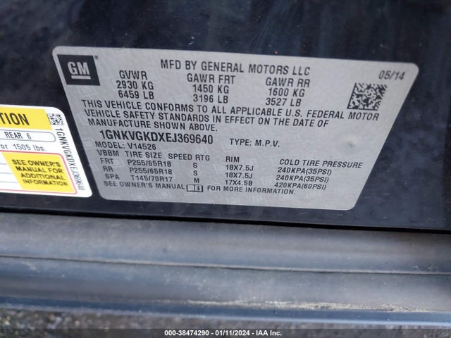 Chevrolet Traverse 1lt 2014 1GNKVGKDXEJ369640 Image 9