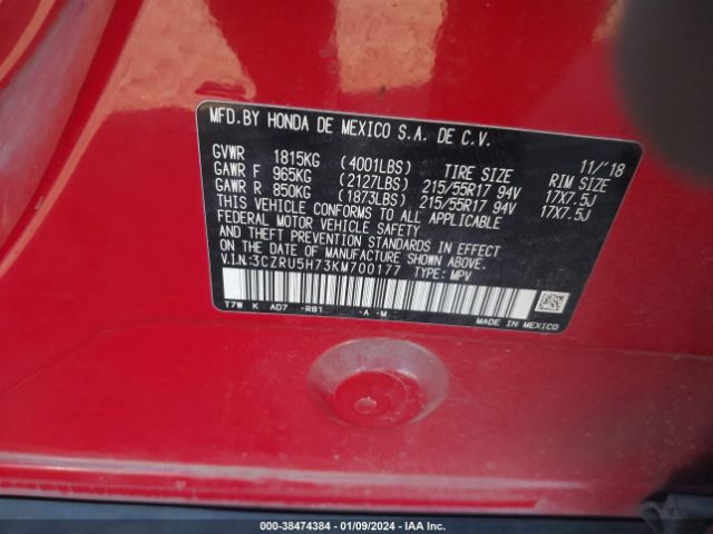 3CZRU5H73KM700177 Honda Hr-v Ex-l