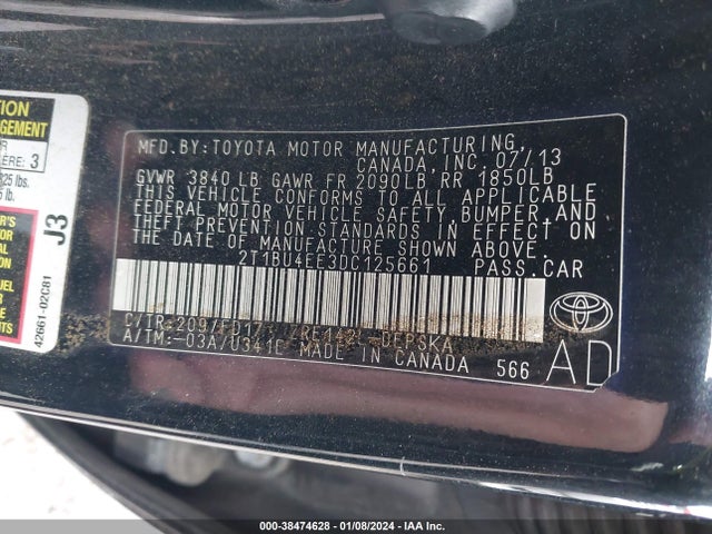 2013 TOYOTA COROLLA S VIN: 2T1BU4EE3DC125661