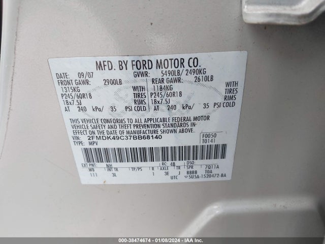 2007 FORD EDGE SEL PLUS VIN: 2FMDK49C37BB68140