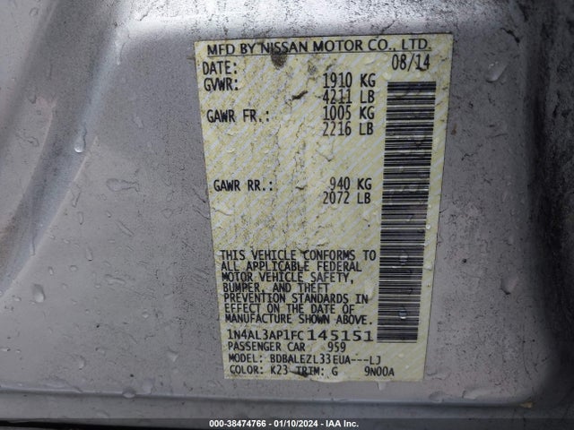 2015 NISSAN ALTIMA 2.5 S VIN: 1N4AL3AP1FC145151
