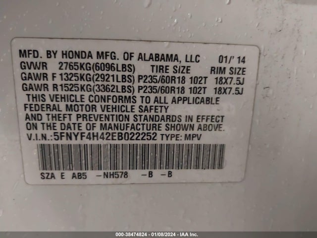 Honda Pilot Ex 2014 5FNYF4H42EB022252 Image 9