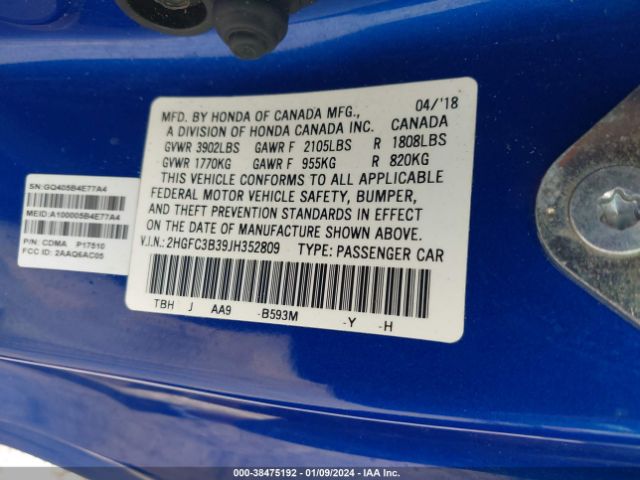 2HGFC3B39JH352809 Honda Civic Ex-t