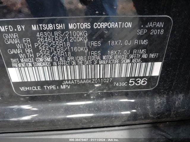 Mitsubishi Eclipse Cross Sel 2019 JA4AT5AA6KZ011027 Image 9