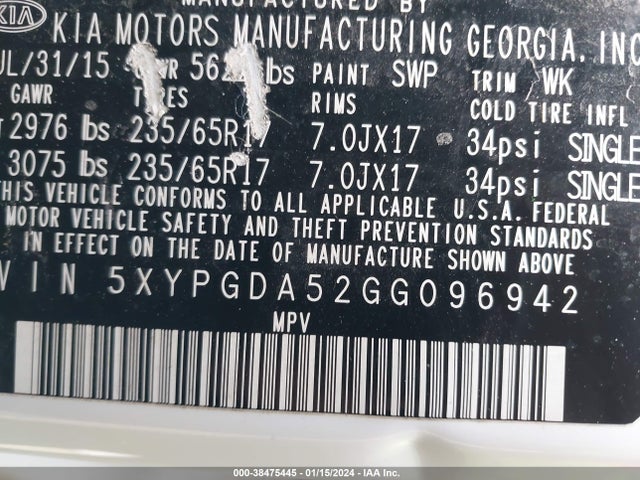 2016 KIA SORENTO 3.3L LX VIN: 5XYPGDA52GG096942
