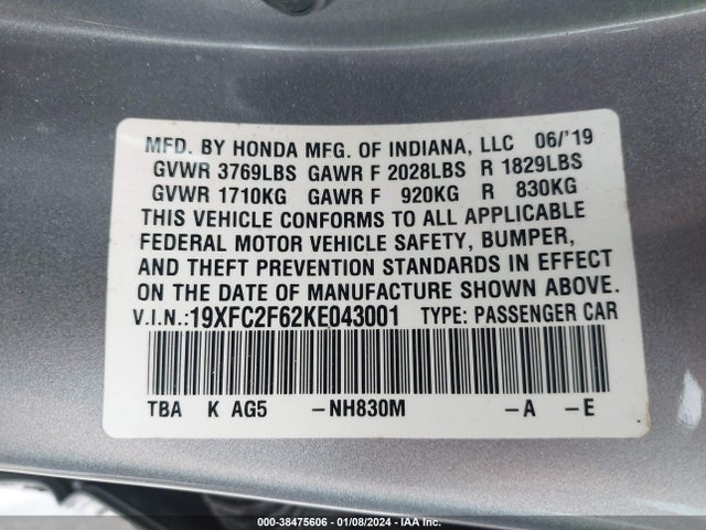 Honda Civic Lx 2019 19XFC2F62KE043001 Image 9