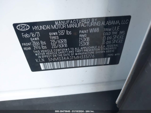 Hyundai Santa Fe Sel 2021 5NMS34AJ7MH335776 Image 9