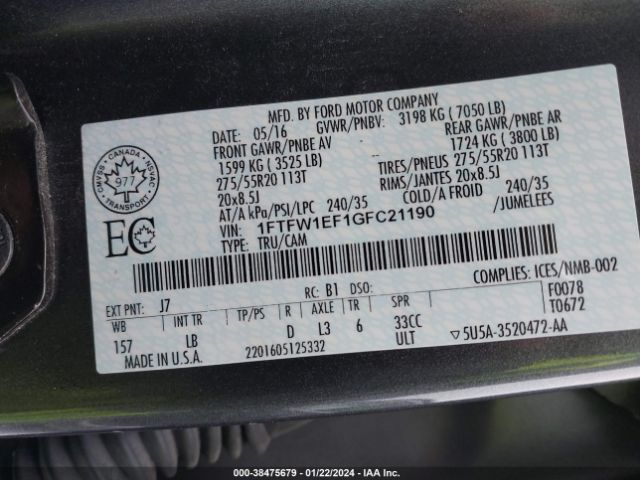 1FTFW1EF1GFC21190 Ford F-150 Lariat
