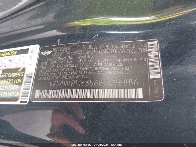 2008 MINI COOPER S WMWRH33568TL96886 Photo 8
