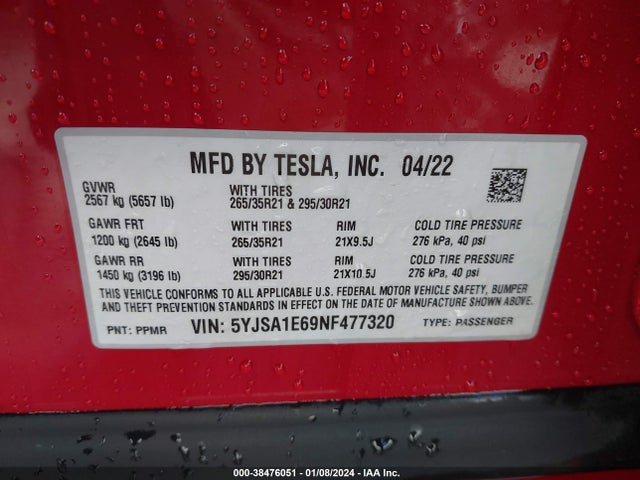 5YJSA1E69NF477320 Tesla Model S Plaid Tri Motor All-wheel Drive