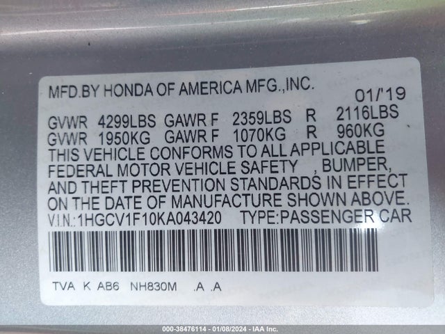 Honda ACCORD LX 2019 1HGCV1F10KA043420 Image 9