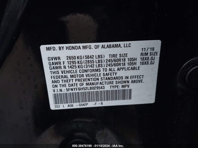 Honda Pilot Awd Ex-l 2020 5FNYF6H52LB029543 Image 9