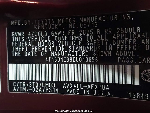 2013 Toyota Avalon Hybrid Limited მანქანა იყიდება აუქციონზე, vin: 4T1BD1EB9DU010856, აუქციონის ნომერი: 38476192