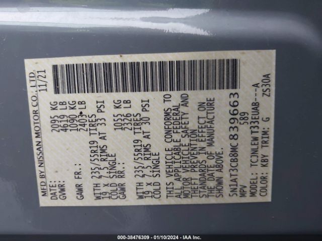 5N1AT3CB8MC839663 Nissan Rogue Sl Intelligent Awd