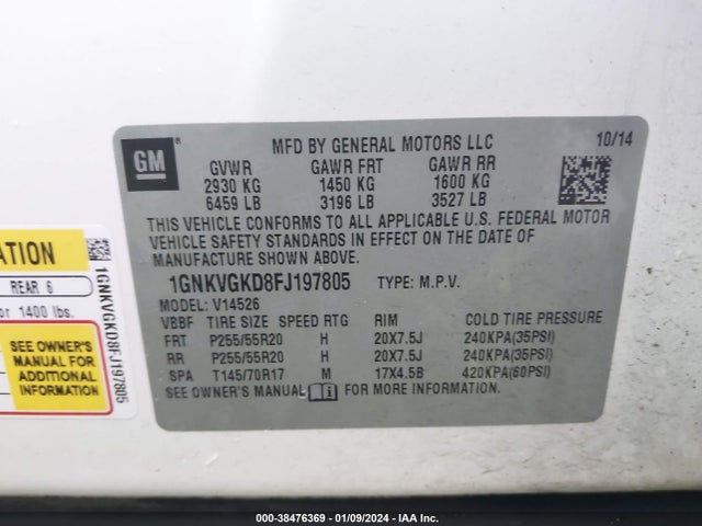 Chevrolet Traverse 1lt 2015 1GNKVGKD8FJ197805 Image 9