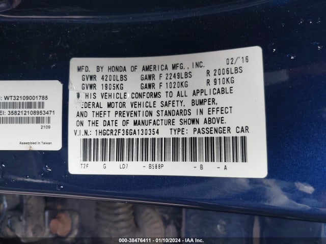 Honda ACCORD LX 2016 1HGCR2F36GA130354 Image 9