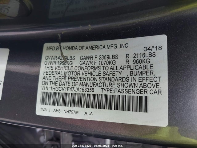 Honda ACCORD EX 2018 1HGCV1F47JA153356 Image 9