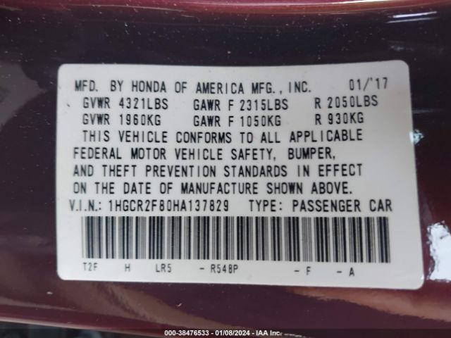 1HGCR2F80HA137829 Honda Accord Ex-l