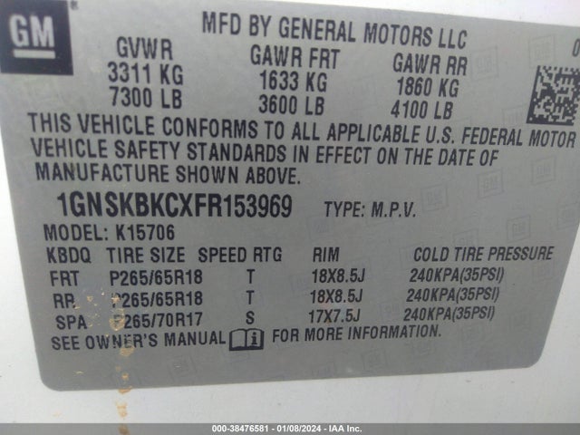 Chevrolet Tahoe Lt 2015 1GNSKBKCXFR153969 Image 9